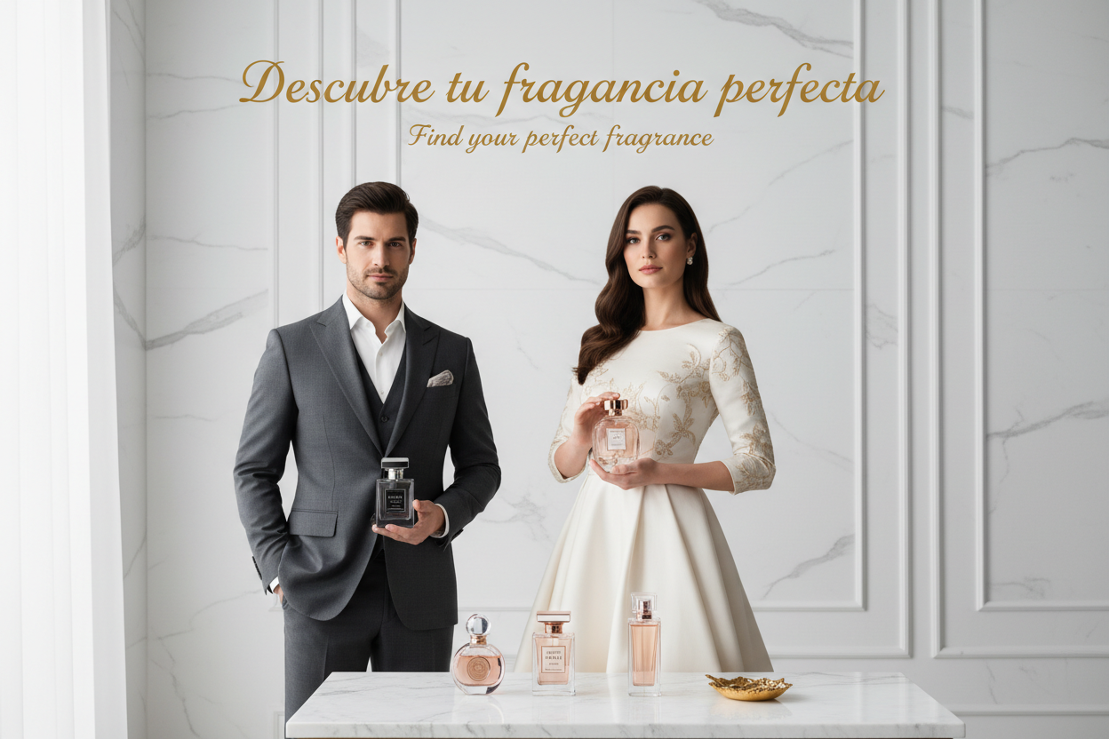 Banner claro con modelos y perfumes